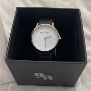 Nine West Gold-Tone Watch with White Dial and Black Leather Strap